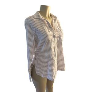 Women M Marine Layer Dakota Popover Organic Cotton Blouse Shirt Top Stripe Cream